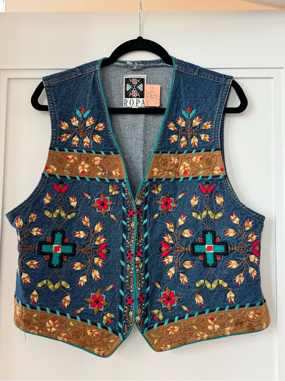 Embroidered Denim Vest in Blue with Multicolor Floral Motif